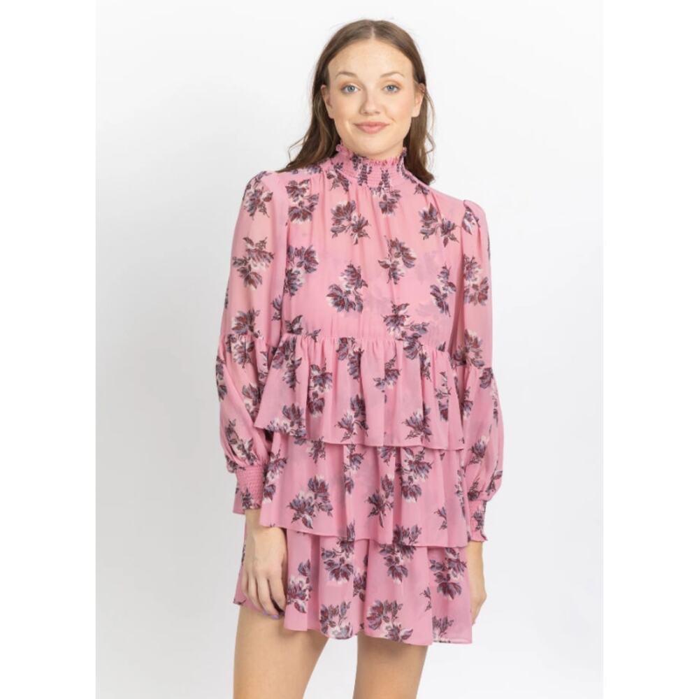 Cinq a Sept Corrine Pink Floral High Neck Tiered Long Sleeve Mini Dress Women 4